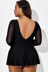 Black V-Neck Mesh Long Sleeve Tummy Control Swimdress