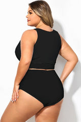 Plus Size Solid Black Knotted Crop Bikini Top