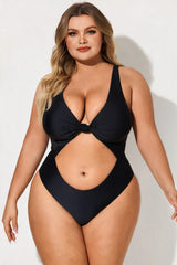 Solid Black V-Neck Front Knot Cutout One Piece Swimsuit