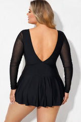 Black V-Neck Mesh Long Sleeve Tummy Control Swimdress