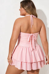 Light Pink Halter Ruched Ruffle One Piece Swimdress
