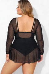 Black V-Neck Mesh Long Sleeve Tummy Control One Piece Swimsuit