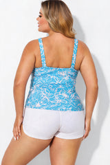 Blue Floral V-Neck Tie Front Tankini Set With White Shorts