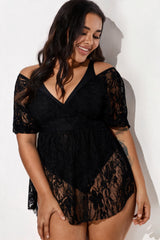 Black Lace Off Shoulder V-Neck Tummy Control One Piece Swimsuit