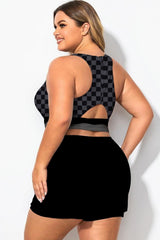 Black And Grey Check Crew Neck Patchwork Bikini Top