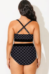 Check Crossover Square Neck Colorblock Bikini Top