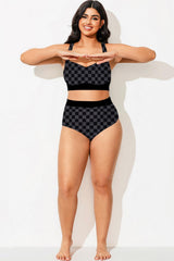Colorblock Check Pleated High Waisted Swim Bottom