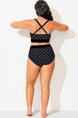 Colorblock Check Pleated High Waisted Swim Bottom