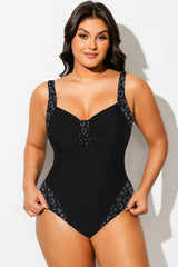 Grey Leopard Panel V Neck One Piece Swimsuit
