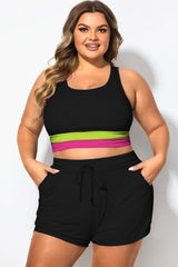 Plus Size Pink And Green Contrast Patchwork Bikini Top