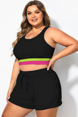 Plus Size Pink And Green Contrast Patchwork Bikini Top