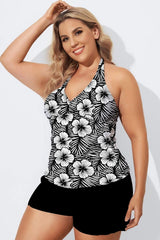 Black And White Printed Lace Up Suspender Pleated Tankini Top
