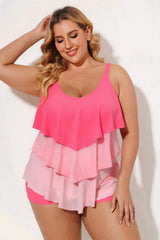 Pink Ombre Scoop Neck Ruffle Tankini Set With Swim Shorts