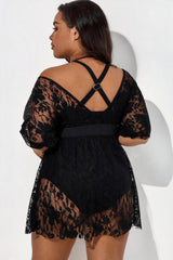 Black Lace Off Shoulder V-Neck Tummy Control One Piece Swimsuit