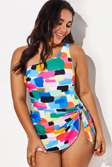 Color Block One Piece Swim Dress One Shoulder Swimsuit With Skirt