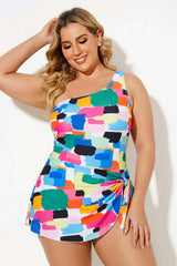 Color Block One Piece Swim Dress One Shoulder Swimsuit With Skirt