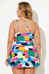 Color Block One Piece Swim Dress One Shoulder Swimsuit With Skirt