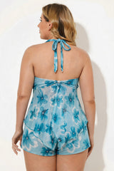 Teal Floral Halter Flowy Ruffle Two Piece Tankini Set