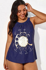 Navy Blue Loose Fit Tankini Top With Vintage Rotary Phone Dial Pattern