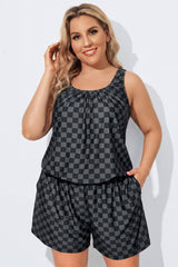 Plus Size Black Check Slanted Pockets One Piece Swimsuit