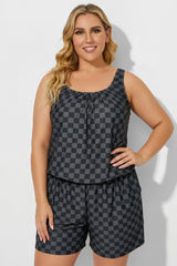 Plus Size Black Check Slanted Pockets One Piece Swimsuit