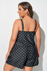 Plus Size Black Check Slanted Pockets One Piece Swimsuit