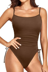 Women's Brown Square Neck Ruched One Piece Swimsuit