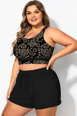 Plus Size Round Neck Golden Floral Patchwork Bikini Top