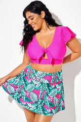 Pure Pink Cutout Knot Bikini Top With Sleeves