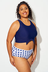 Plus Size Soild Navy Knotted Crop Bikini Top