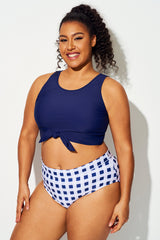 Plus Size Soild Navy Knotted Crop Bikini Top