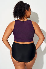 Plus Size Glitter Purple Knotted Crop Bikini Top