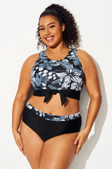 Black White Floral Knotted Crop Bikini Top
