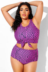 Black & Rose Red Diagonal Stripes Knotted Crop Bikini Top