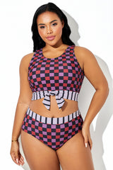 Plus Size Multicolor Check Knotted Crop Bikini Top