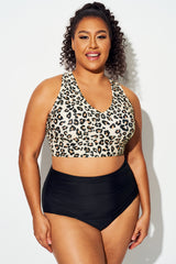 Leopard Print Wide-Brim Cross Back Bikini Top