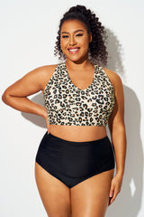 Leopard Print Wide-Brim Cross Back Bikini Top