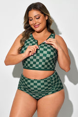 Green Check Print Front Zipper Bikini Top