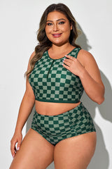 Green Check Print Front Zipper Bikini Top