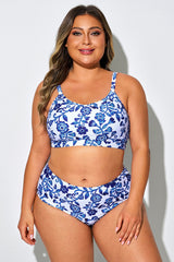 Porcelain Blue Floral Bikini Top For Beach Vacation