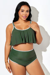 Dark Green Crew Neck Ruffle Hem Bikini Top