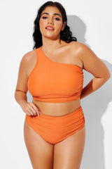 Orange Ruched Wide One Shoulder Strap Bikini Top