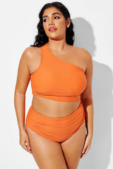 Orange Ruched Wide One Shoulder Strap Bikini Top