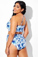 Blue Floral Ruched Wide One Shoulder Strap Bikini Top