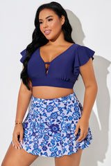 Deep V Neck Backless Ruffle Sleeves Bikini Top
