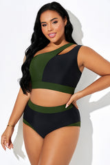 Green & Black Chic One Shoulder Bikini Top