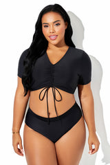 Black Short-Sleeve Deep V Neck Drawstring Bikini Top