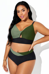 Adjustable Strap Twist Cutout Patchwork Bikini Top