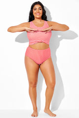 Red & White Stripes Mid Waist Swim Brief