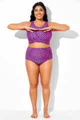 Black & Rose Red Diagonal Stripes High Waist Swim Brief